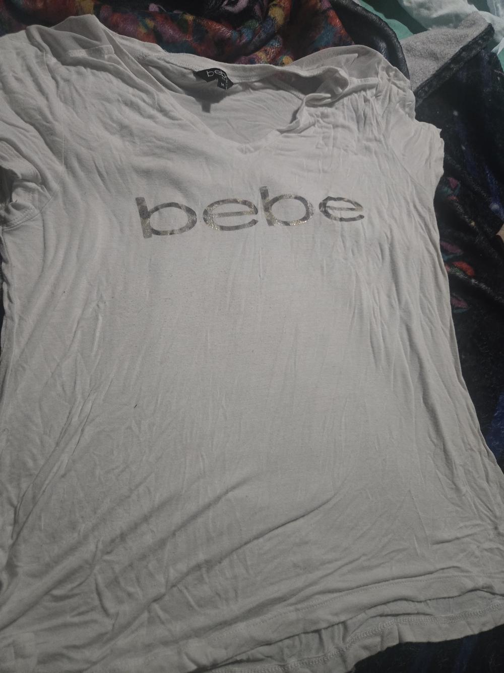 bebe White Short Sleeve Tee with Metallic Logo